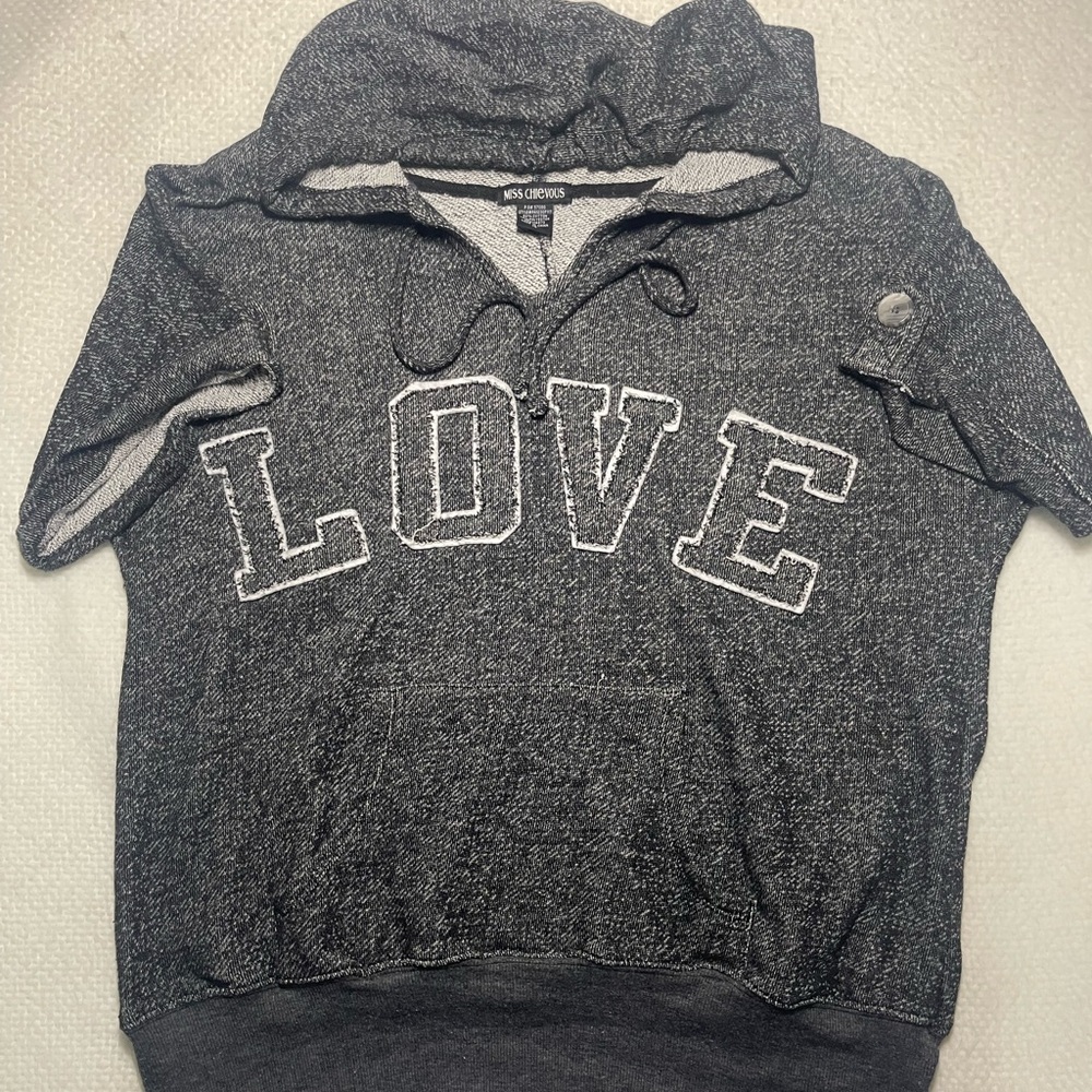Miss Chievous Women’s Y2K Vintage Grey Love Short Sleeve Hooded Sweater